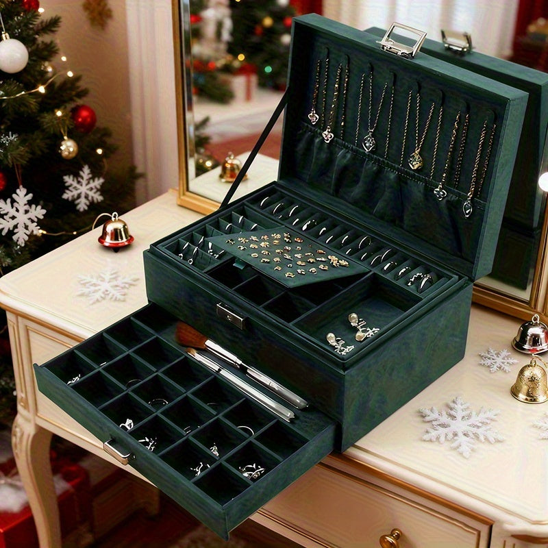 Scatola Organizzatrice Gioielli a 3 Scomparti con Serratura a Chiave - Scomparti Rivestiti in Velluto Morbido per Orecchini, Collane, Bracciali, Anelli - Scatola PU Pastello, Serratura, Design Retrò, Regalo Ideale per (Natale, Matrimonio), Scatole Gioiell
