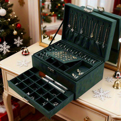 Scatola Organizzatrice Gioielli a 3 Scomparti con Serratura a Chiave - Scomparti Rivestiti in Velluto Morbido per Orecchini, Collane, Bracciali, Anelli - Scatola PU Pastello, Serratura, Design Retrò, Regalo Ideale per (Natale, Matrimonio), Scatole Gioiell
