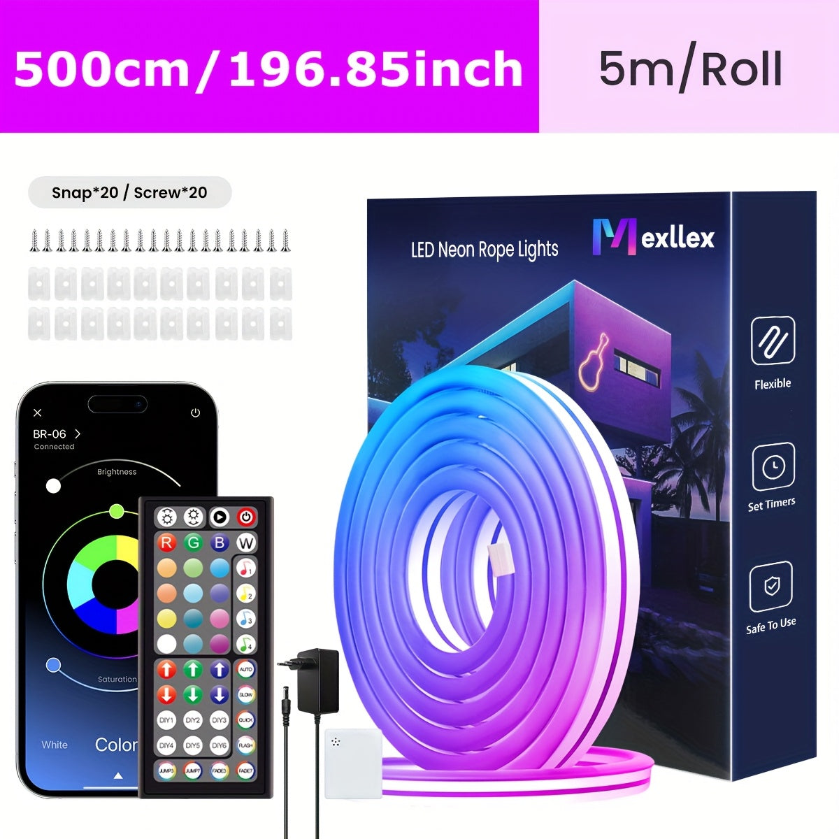 Striscia LED Neon RGB Smart Potenziata di Mexllex con Controllo App/Remoto, Vari Modalità, Timer e Sincronizzazione Musicale per Gaming e Decorazioni per la Stanza