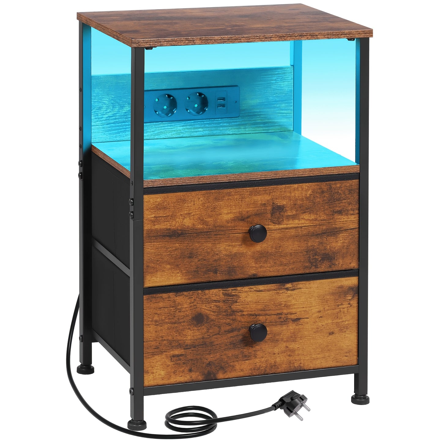 AMHANCIBLE Set Comodino 1/2 pezzi, Cassettiera in Tessuto con Dock di Ricarica, Tavolino da Letto, Comodino con Due Cassetti in Tessuto, Comodino Piccolo per Camera da Letto, Comodino a Quattro Ripiani, Adatto per Camera da Letto, Soggiorno. Nero, Marrone