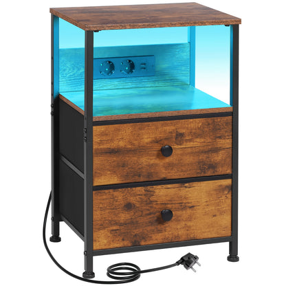 AMHANCIBLE Set Comodino 1/2 pezzi, Cassettiera in Tessuto con Dock di Ricarica, Tavolino da Letto, Comodino con Due Cassetti in Tessuto, Comodino Piccolo per Camera da Letto, Comodino a Quattro Ripiani, Adatto per Camera da Letto, Soggiorno. Nero, Marrone