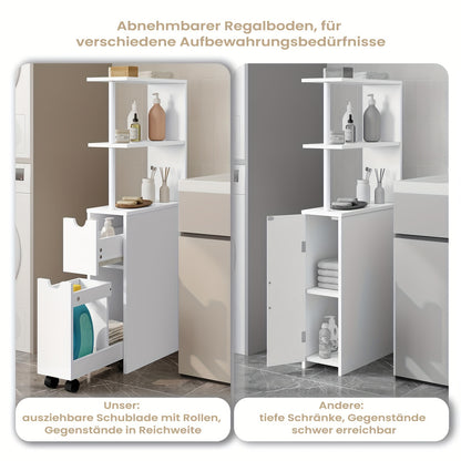 1 pz. Mobiletto da Bagno con Nicchia con Cassetti su Rotelle, Ripiani Aperti, Mobiletto da Bagno Mobiletto da Bagno Stretto, Credenza Mobiletto da Cucina Multifunzionale, Bianco, 19x113x45 Cm (LxAxP)