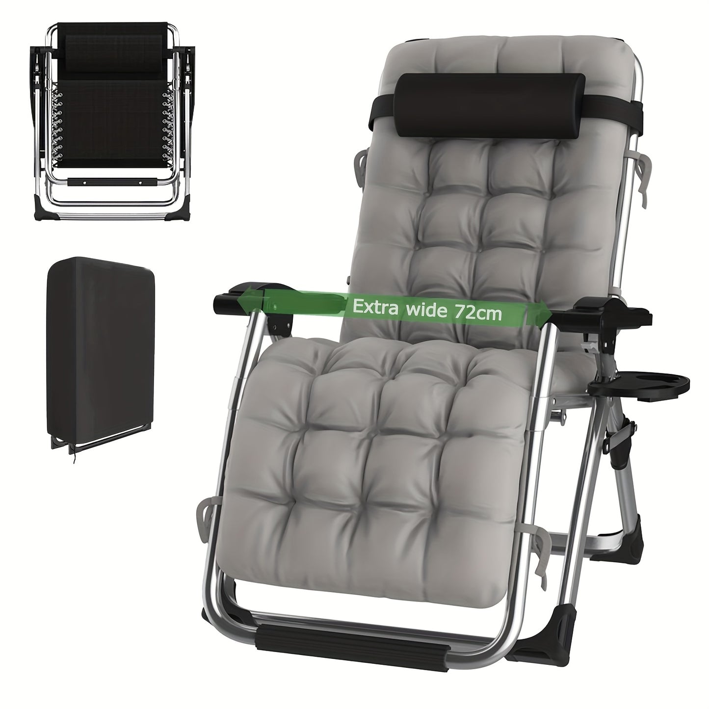 Poltrona Lounge Oversize a Gravità Zero, 72 cm Extra Larga, Reclinabile Pieghevole e Regolabile, Capacità 500 libbre/200 kg, Cuscino Morbido in Cotone Staccabile con Poggiatesta, Portabicchieri, Nero Grigio, per Giardino, Terrazza, Balcone, Patio Esterno