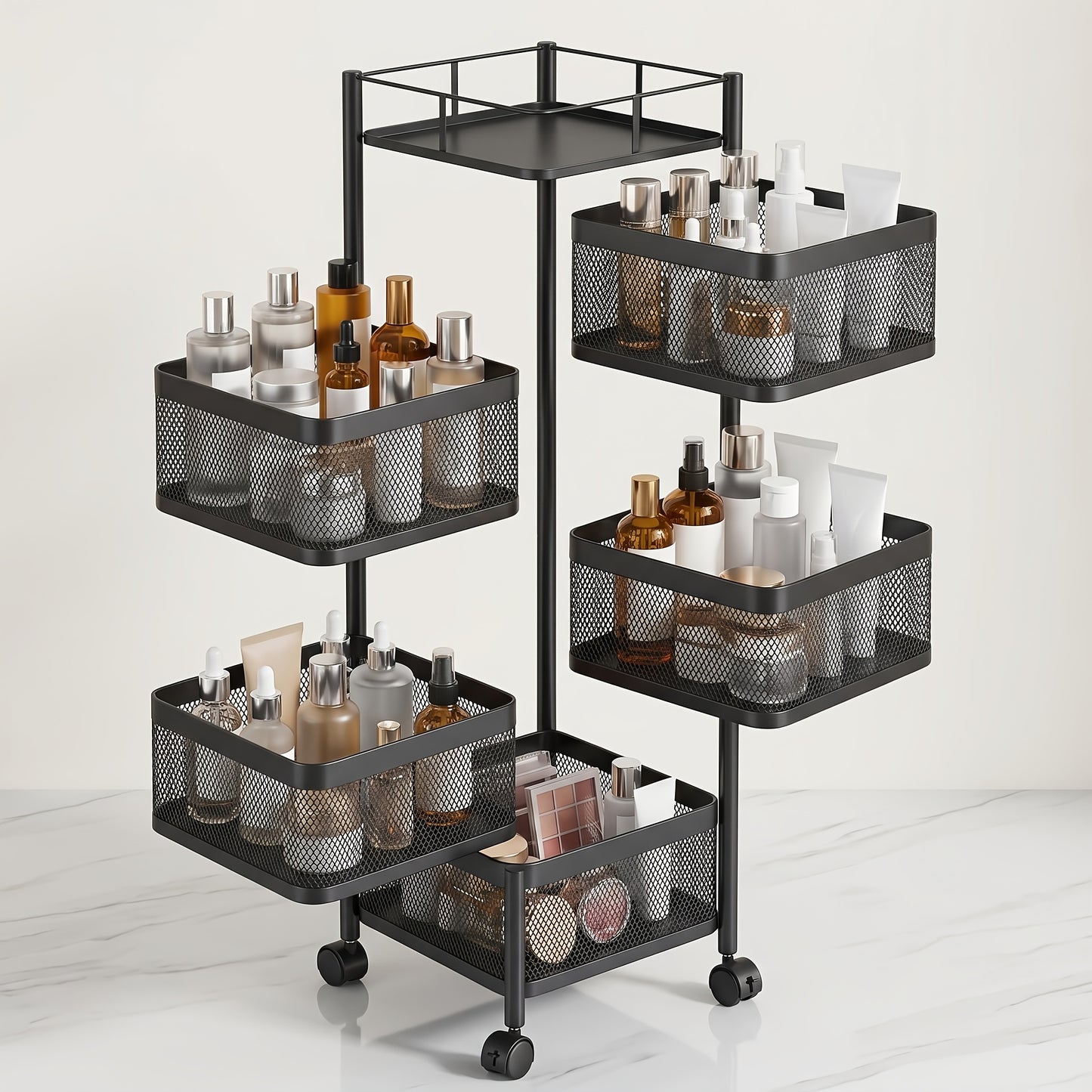 Carrello da cucina universale multifunzionale con ripiano, cestino, contenitore portaoggetti e ruote, organizzatore per scaffale da cucina per cucina, bagno e ufficio, nero, 5 scomparti