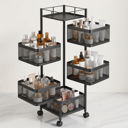 Carrello da cucina universale multifunzionale con ripiano, cestino, contenitore portaoggetti e ruote, organizzatore per scaffale da cucina per cucina, bagno e ufficio, nero, 5 scomparti
