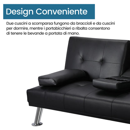 Costoffs Divano Letto a 3 Posti Divano Trasformabile con 2 Braccioli Staccabili Mobile Imbottito con Supporto Centrale Porta Bicchieri Divanetto Reclinabile da Salotto