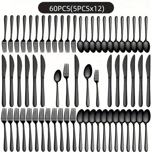 Set di stoviglie in acciaio inossidabile nero da 72 pezzi, stoviglie autentiche in acciaio inossidabile, 60 pezzi nero lucido, adatto per 12 persone, set di stoviglie con coltello, forchetta, cucchiaio, adatto per matrimoni, feste, compleanni, ristoranti,