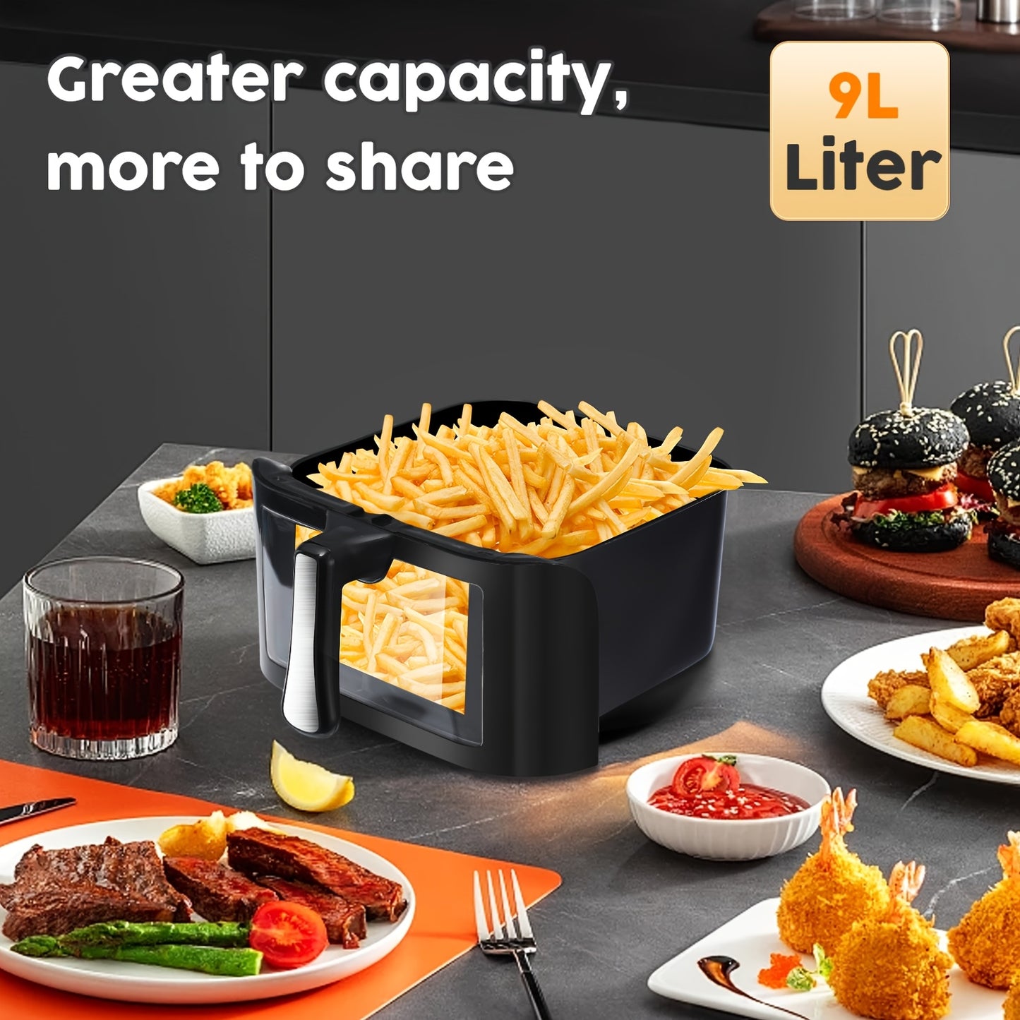 Friggitrice ad Aria Intelligente 6 in 1, Capacità di 10 Litri, Finestra Trasparente, 6 Modalità di Cottura Preimpostate, Controllo Touch, Timer da 60 Minuti, Temperatura Regolabile (80-200°C), Ideale per Barbecue Familiari e Pasti Sani a Basso Contenuto d