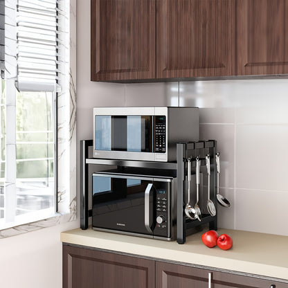 Scaffale Estendibile per Microonde a 2 Livelli con 5 Ganci, Porta Taglieri e 3 Asciugamani, Scaffale per Cucina, Scaffale per Microonde e Forno da Piano, Estendibile 40-64 cm (Nero, Bianco)
