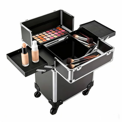 Valigetta per Trucco con Ruote, Beauty Box con Ruote, Ampio Spazio di Stoccaggio, Design Resistente, Regalo Ideale per Truccatori, Parrucchieri e Nail Artist, Organizer di Bellezza Portatile per Viaggi o Uso in Salone