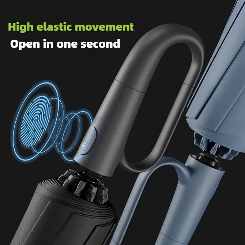 Ombrello pieghevole automatico con fibbia ad anello rotante, design elegante con rinforzo in fibra di vetro per resistenza al vento, in tessuto di alta qualità e con manico per una facile apertura con una sola mano. Il suo stile minimalista lo rende un re