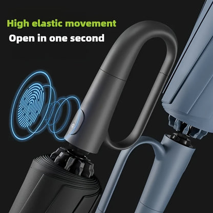 Ombrello pieghevole automatico con fibbia ad anello rotante, design elegante con rinforzo in fibra di vetro per resistenza al vento, in tessuto di alta qualità e con manico per una facile apertura con una sola mano. Il suo stile minimalista lo rende un re