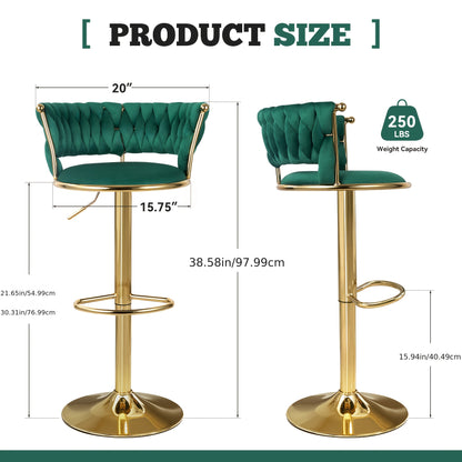 Set di 2 sgabelli da bar moderni girevoli in velluto intrecciato, sgabello, sgabello da bar girevole a 360° con schienale e altezza regolabile, sgabelli da bar alti in metallo dorato per isola cucina, per Natale, festival, regalo di Capodanno
