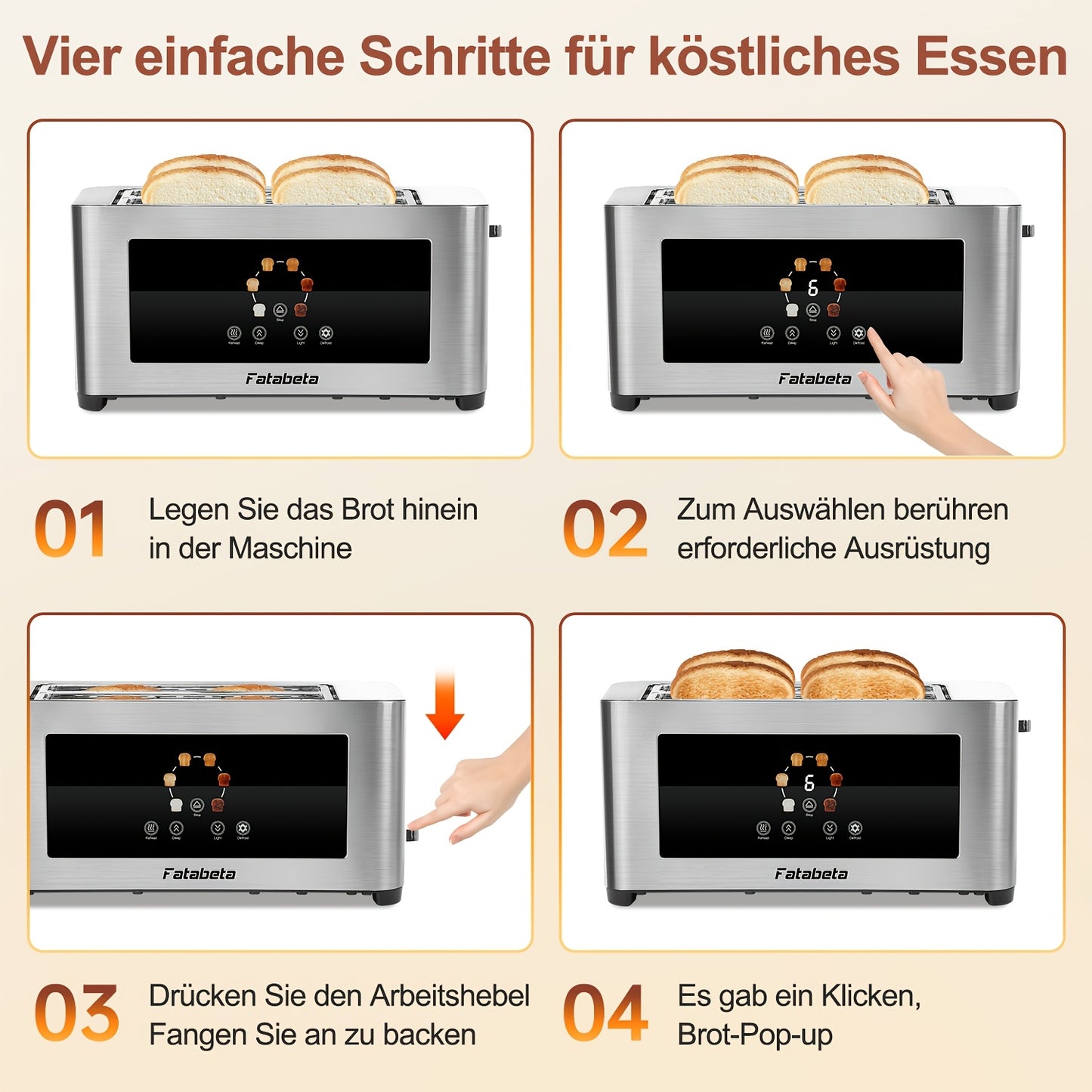 Tostapane per pane 1400W, Tostapane in acciaio inossidabile, Display LCD touch, 2 slot larghe per toast, Tostapane a 4 fette, 7 livelli di marronatura, con scaldapane, vassoio per la polvere rimovibile