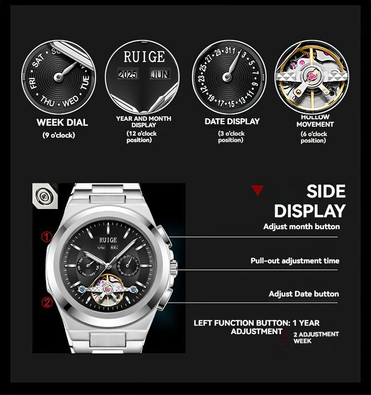 Orologio da uomo elegante automatico meccanico con cinturino in acciaio inossidabile, con funzioni business e sportive, display multipli, calendario, lancette luminose e design scheletrato. Un regalo perfetto per uomo.