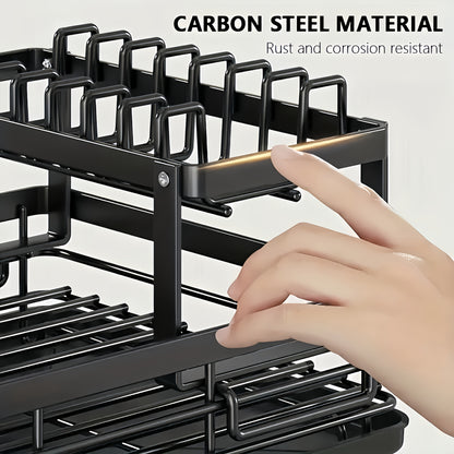 1 pezzo Organizzatore per Piatti in Metallo - Organizzatore per Piano Cucina Salvaspazio con Scolapiatti, Porta Utensili e Ganci per Tazze, Scaffale Pieghevole a Due Livelli per Piatti, Ciotole, Posate - Ideale per Cucine Domestiche e Commerciali, Asciuga