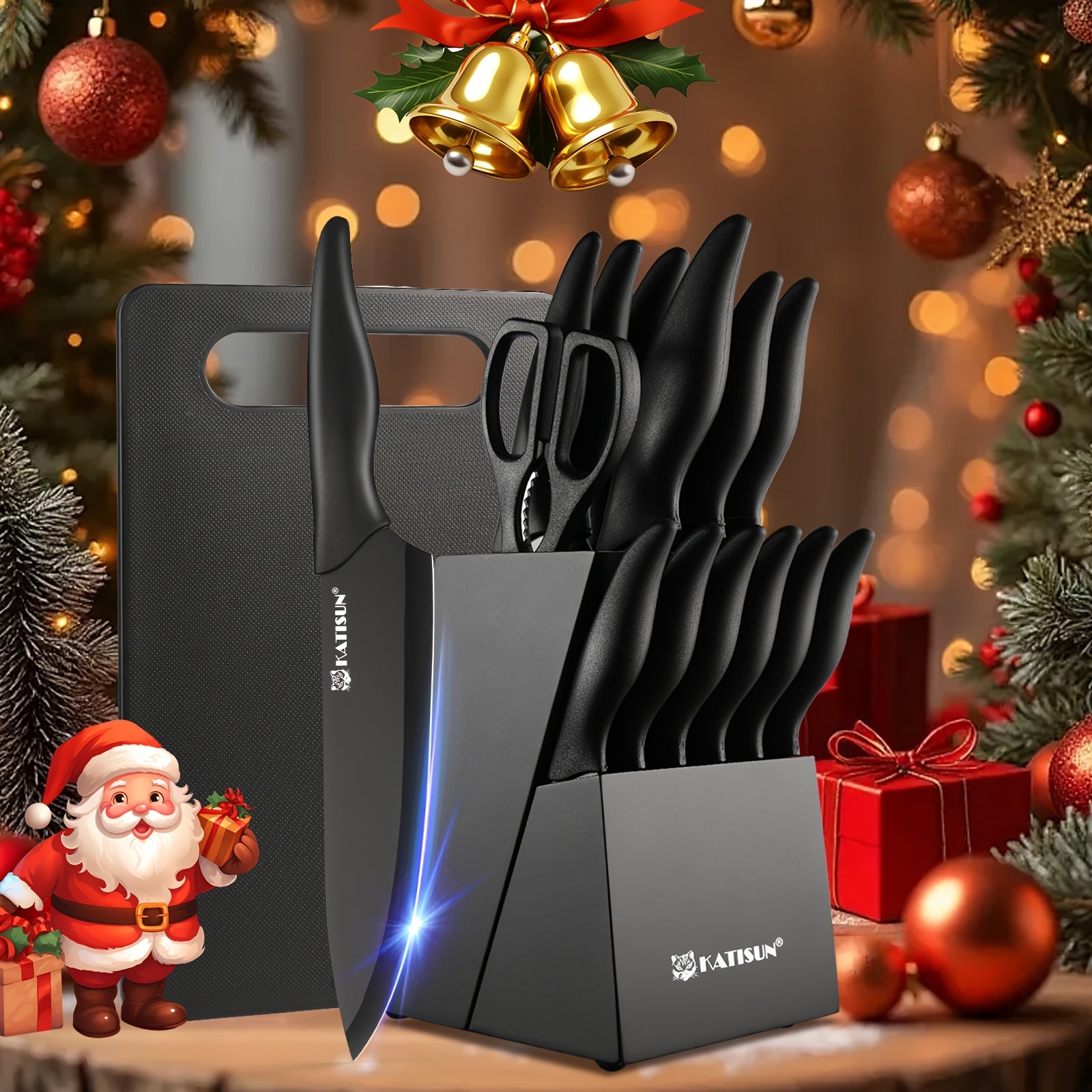 Set di 15 coltelli da cucina professionali con blocco in legno nero, manico antiscivolo in ABS per coltelli da chef, tagliere in plastica e forbici da cucina, regali di Natale e Capodanno per la cucina