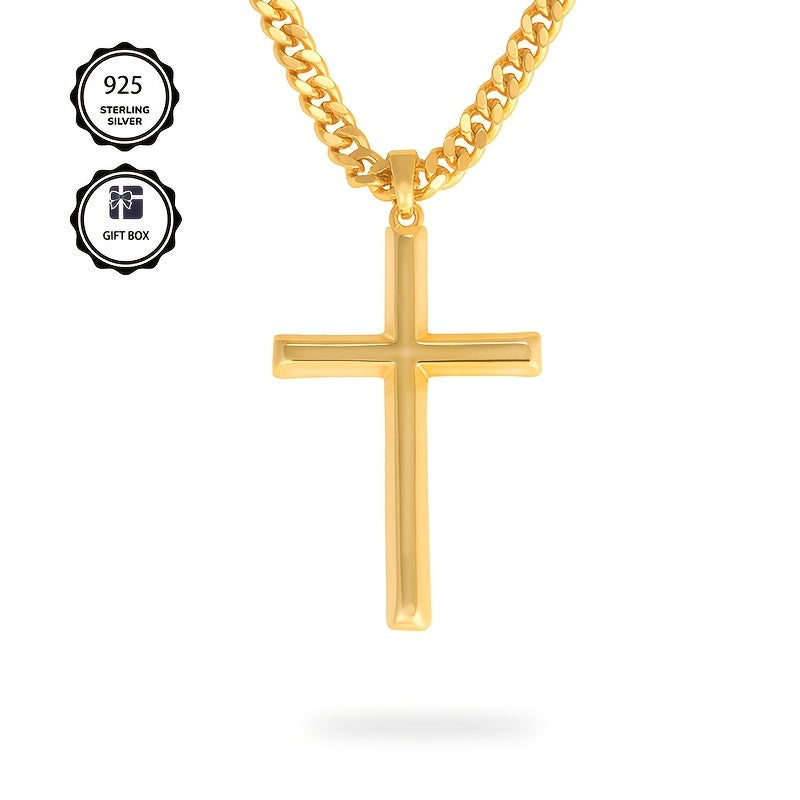 Collana con ciondolo da uomo in argento 925, con croce tridimensionale placcata in oro 18 carati, accompagnata da una robusta catena cubana in argento 925, perfetta come regalo per le feste o la festa del papà, confezionata in una confezione regalo