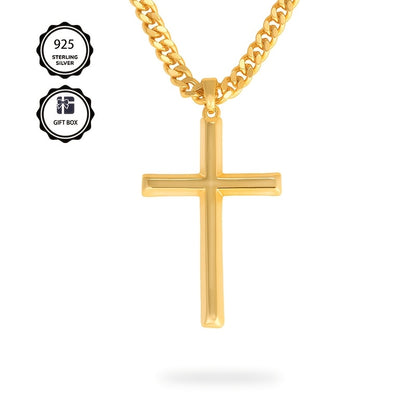Collana con ciondolo da uomo in argento 925, con croce tridimensionale placcata in oro 18 carati, accompagnata da una robusta catena cubana in argento 925, perfetta come regalo per le feste o la festa del papà, confezionata in una confezione regalo