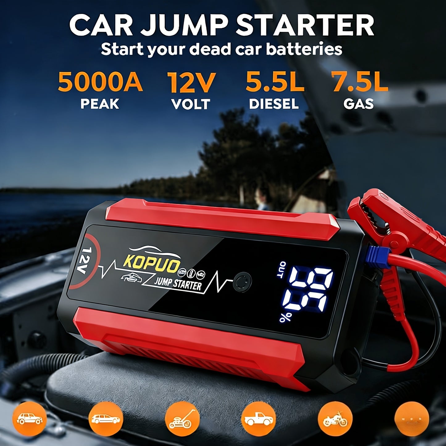 KOPUO 5000A Avviatore di Emergenza per Auto 12V, Avvia Batterie Scariche in Secondi, Booster di Batteria di Emergenza, Fino a 7.5L di Benzina & 5.5L di Diesel, Avviatore di Batteria Portatile per Auto, SUV, Furgoni, Camion & Moto, Display LCD, Torcia LED