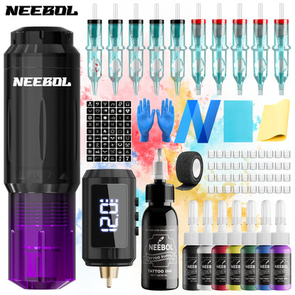 Kit Pistola per Tatuaggi Wireless Neebol, Penna Rotativa per Tatuaggi con Schermo Digitale, Batteria da 1500mAh, Attrezzatura Portatile per Tatuaggi, Aghi a Cartuccia, Inchiostro, Macchina per Tatuaggi Senza Fili per Principianti e Artisti, Regalo per Bod