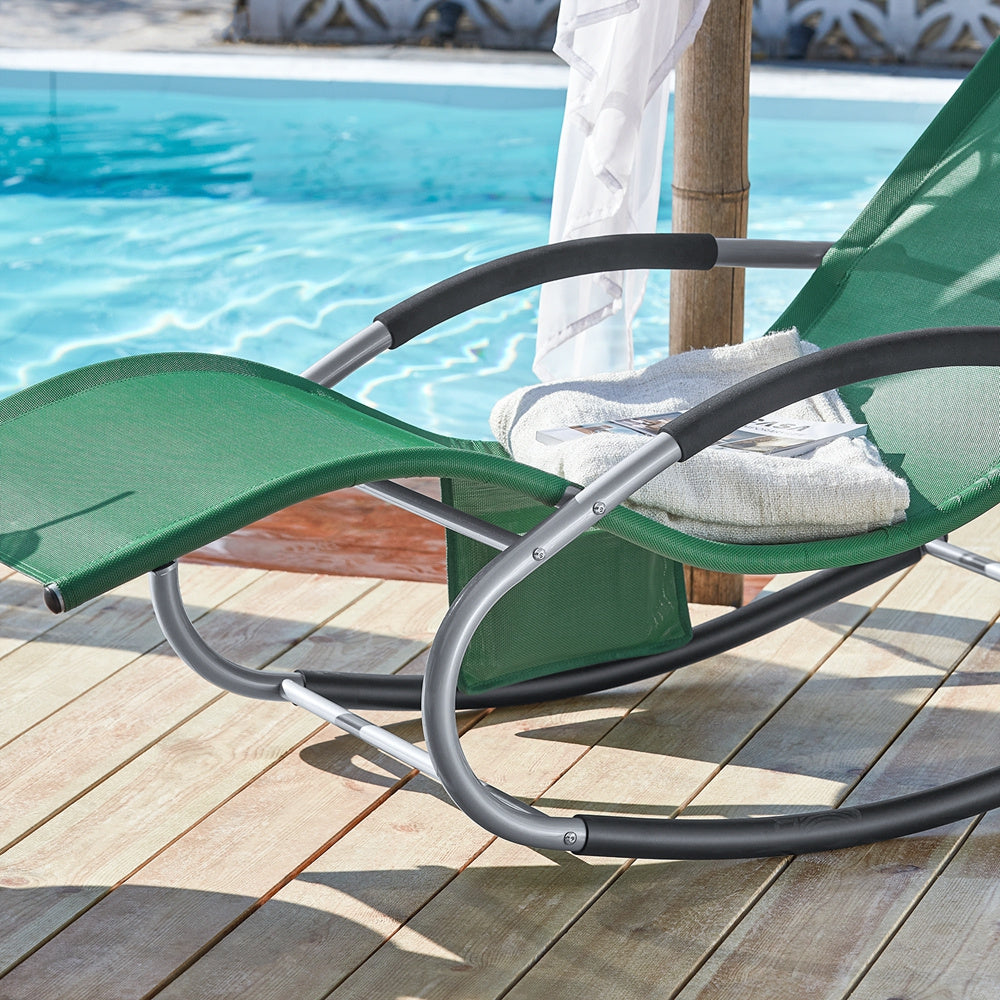 1 Pezzo Lettino Prendisole Lettino da Giardino Sdraio Relax Sedia a Dondolo da Esterno con Cuscino Poggiatesta Superficie Ergonomica Tessuto Resistente agli Agenti Atmosferici Struttura in Metallo Tasca Laterale Portata Massima 150 kg Terrazza Balcone Gia