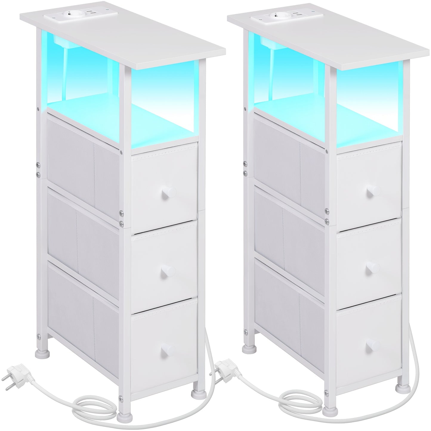 AMHANCIBLE 2 Pezzi Tavolino Stretto con 3 Cassetti in Tessuto, Scaffale Aperto con Striscia LED e Stazione di Ricarica per Spazi Piccoli, Struttura in Metallo