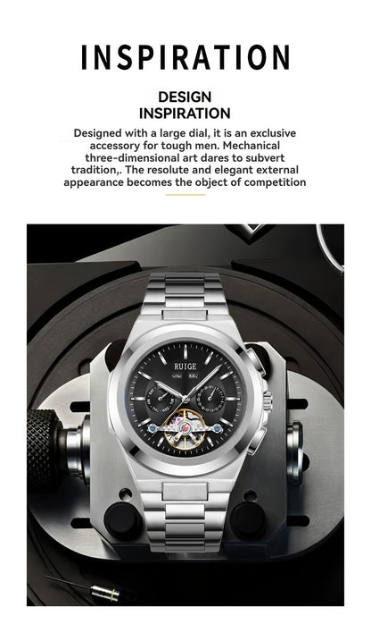 Orologio da uomo elegante automatico meccanico con cinturino in acciaio inossidabile, con funzioni business e sportive, display multipli, calendario, lancette luminose e design scheletrato. Un regalo perfetto per uomo.