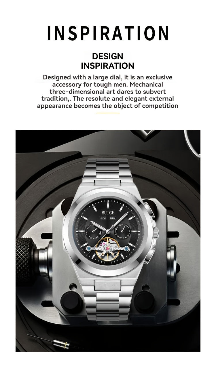 Orologio da uomo elegante automatico meccanico con cinturino in acciaio inossidabile, con funzioni business e sportive, display multipli, calendario, lancette luminose e design scheletrato. Un regalo perfetto per uomo.