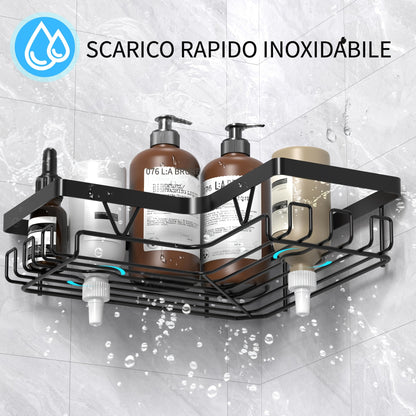 Portaoggetti per Doccia Angolare 3 Pezzi, Mensola da Parete Autoadesiva con Portasapone e Ganci, Grande Capacità, Senza Foratura, Organizzatore Antiruggine Rack di Stoccaggio Bagno, Soluzione Moderna, Accessorio Elegante ed Efficace
