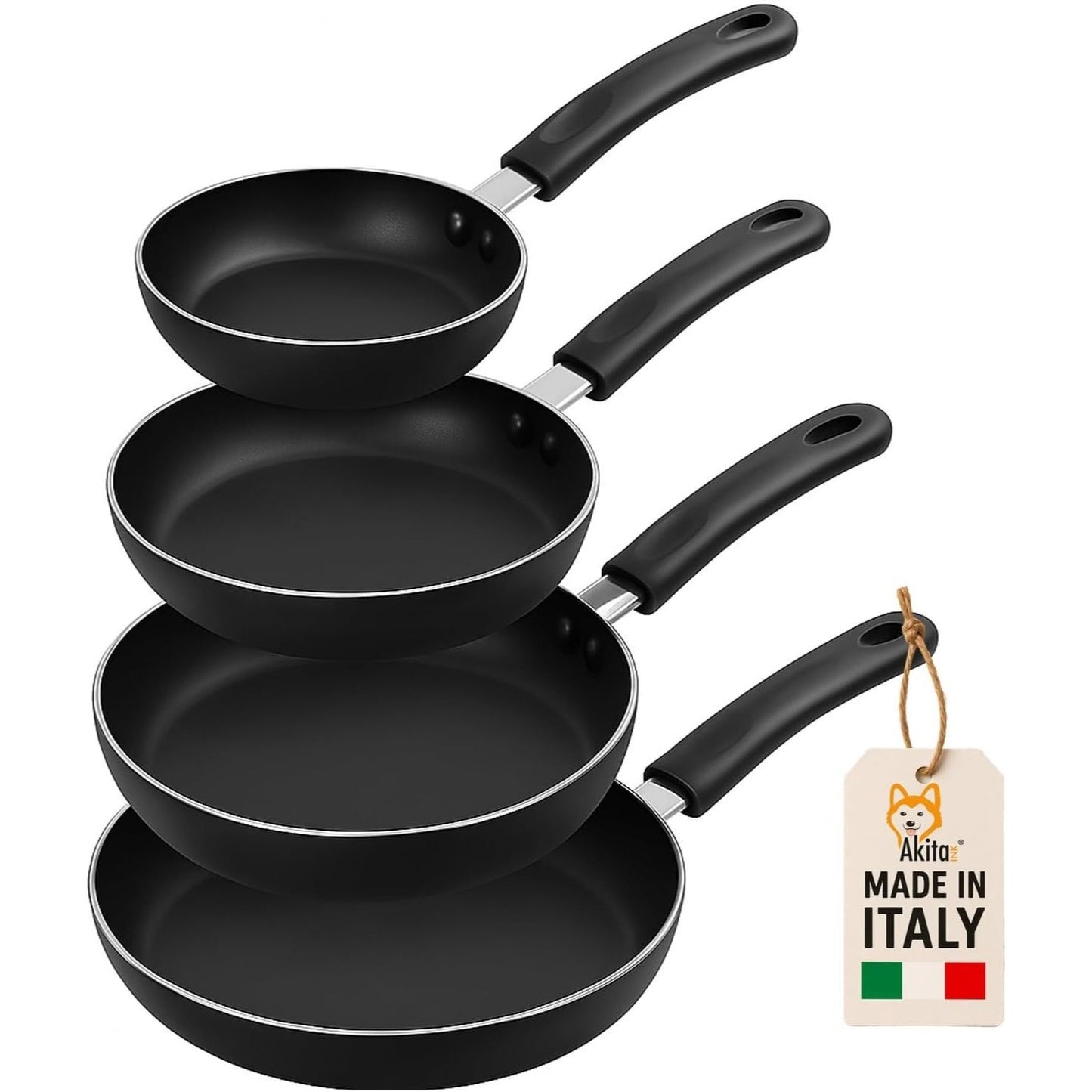 AKITAInk Set 4 Padelle Antiaderenti 16-20-24-28cm | Alluminio Leggero, Rivestimento PFOA Free, Fondo Antiaderente, Manici Soft Touch Made in Italy