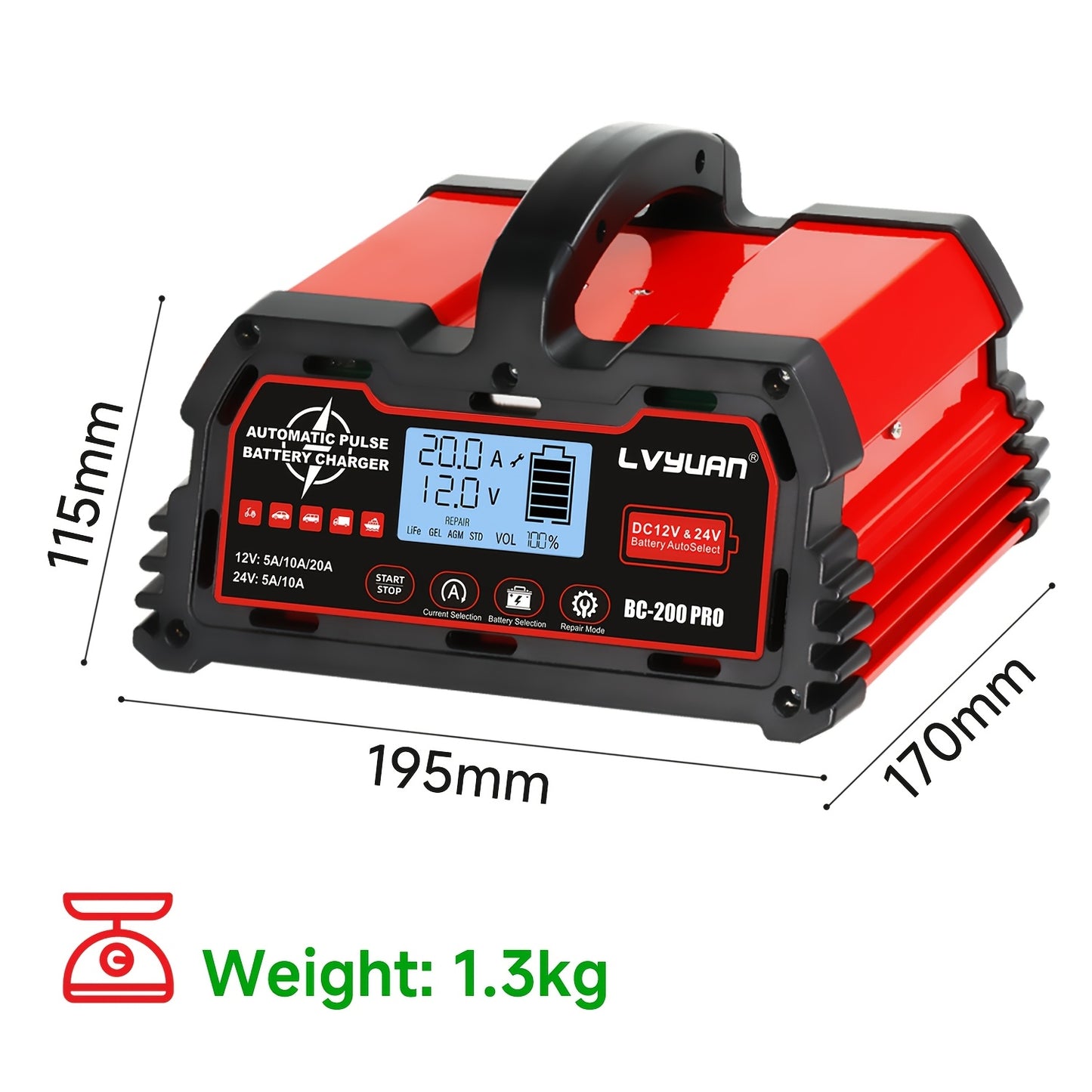 Caricabatterie 20A, 12V/24V Caricabatterie Intelligente per Batterie al Piombo Acido, Caricabatterie a Goccia per Batterie Auto 12V LiFePO4, Mantieni Batteria Automatico per Batterie al Piombo Acido di Auto, Moto, Tosaerba, Barche Nautiche