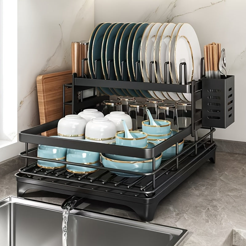 1 pezzo Organizzatore per Piatti in Metallo - Organizzatore per Piano Cucina Salvaspazio con Scolapiatti, Porta Utensili e Ganci per Tazze, Scaffale Pieghevole a Due Livelli per Piatti, Ciotole, Posate - Ideale per Cucine Domestiche e Commerciali, Asciuga