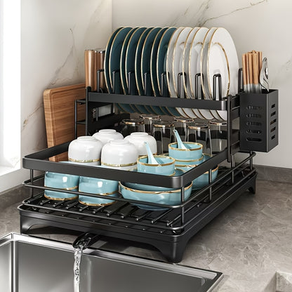 1 pezzo Organizzatore per Piatti in Metallo - Organizzatore per Piano Cucina Salvaspazio con Scolapiatti, Porta Utensili e Ganci per Tazze, Scaffale Pieghevole a Due Livelli per Piatti, Ciotole, Posate - Ideale per Cucine Domestiche e Commerciali, Asciuga