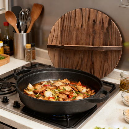 Pentola in ghisa a doppia bocca da 25CM con coperchio in legno, materiale in ghisa di alta qualità, conduzione uniforme del calore, supporta cottura a vapore, friggere, stufare e bollire, adatta per piani cottura a induzione, fornelli in ceramica e fiamme