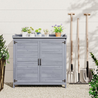 Tavolo per piante con mobiletto base, mobile da giardino con piano di lavoro e 1 ripiano mobile per uso interno ed esterno (Naturale, )
