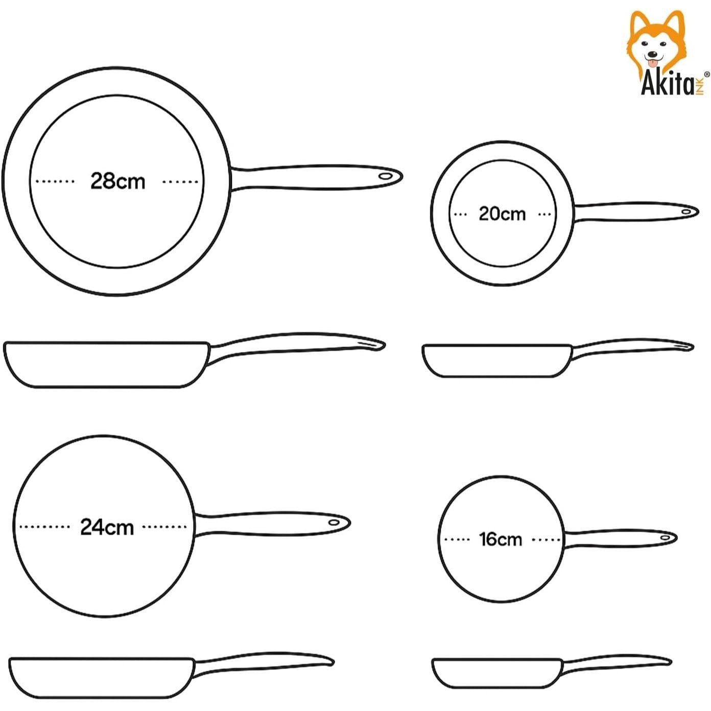 AKITAInk Set 4 Padelle Antiaderenti 16-20-24-28cm | Alluminio Leggero, Rivestimento PFOA Free, Fondo Antiaderente, Manici Soft Touch Made in Italy