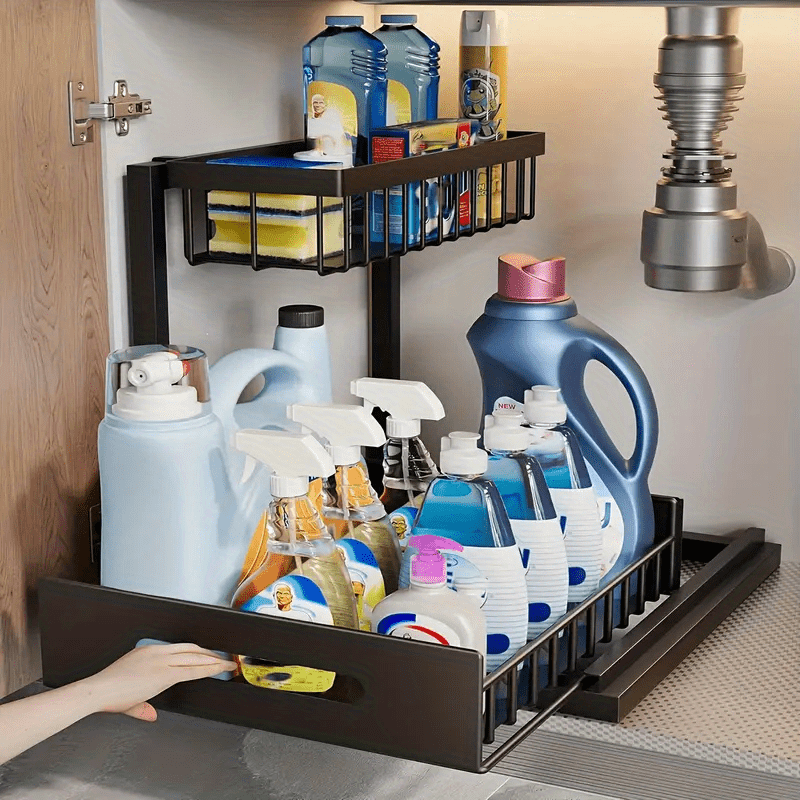 1 pz di scaffale regolabile sottolavello, un ripiano estraibile in metallo progettato per risparmiare spazio con un organizer a doppio strato per armadietti da cucina, perfetto per organizzare e smontare la zona del lavello. Questo moderno ripiano da cuci