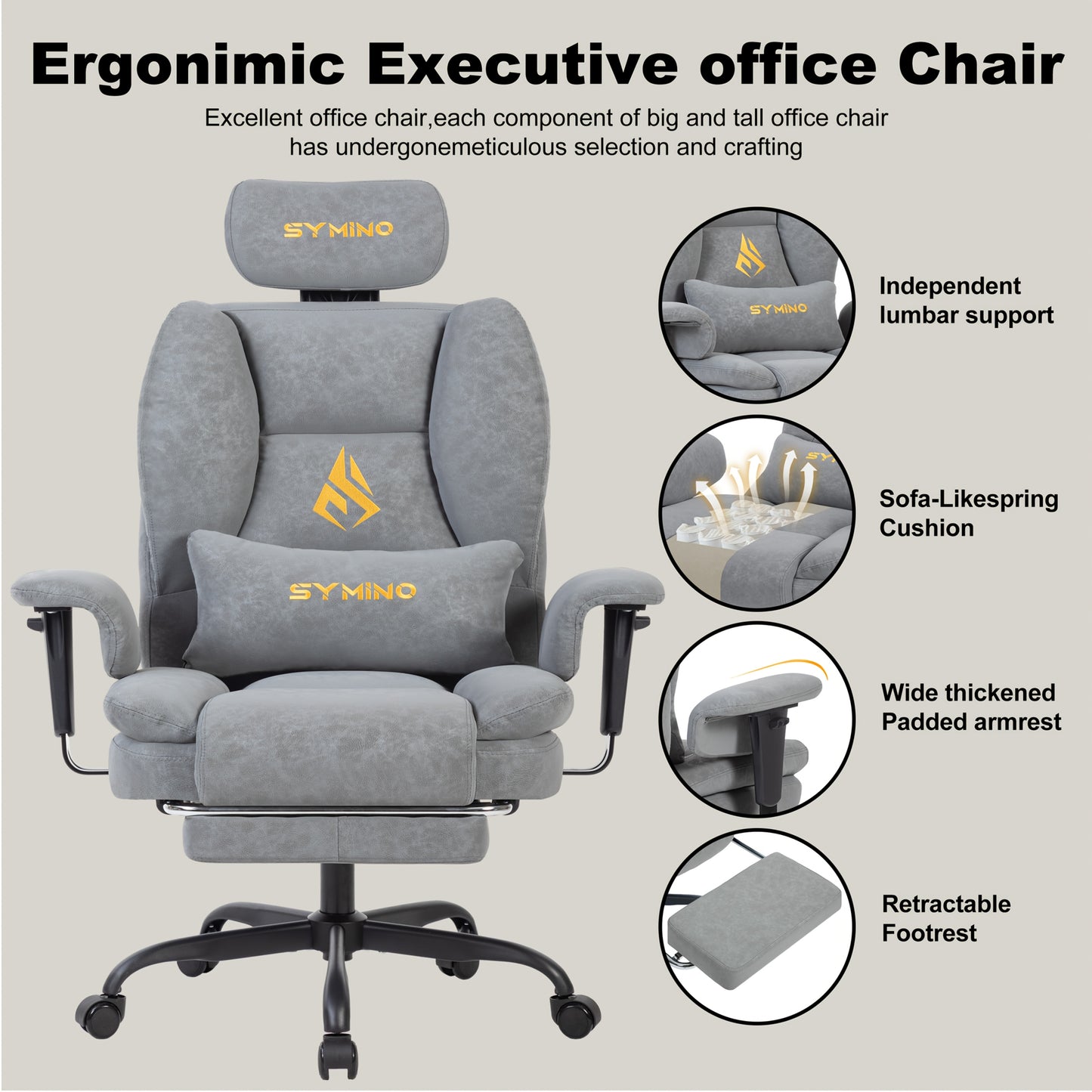 Sedia da Gaming SYMINO, Sedia da Ufficio Ergonomica in Pelle PU con Supporto Lombare - Sedia da Scrivania per Computer Reclinabile per Adulti, Seduta da Videogioco Stile Corsa (Altezza e Poggiatesta Regolabili)