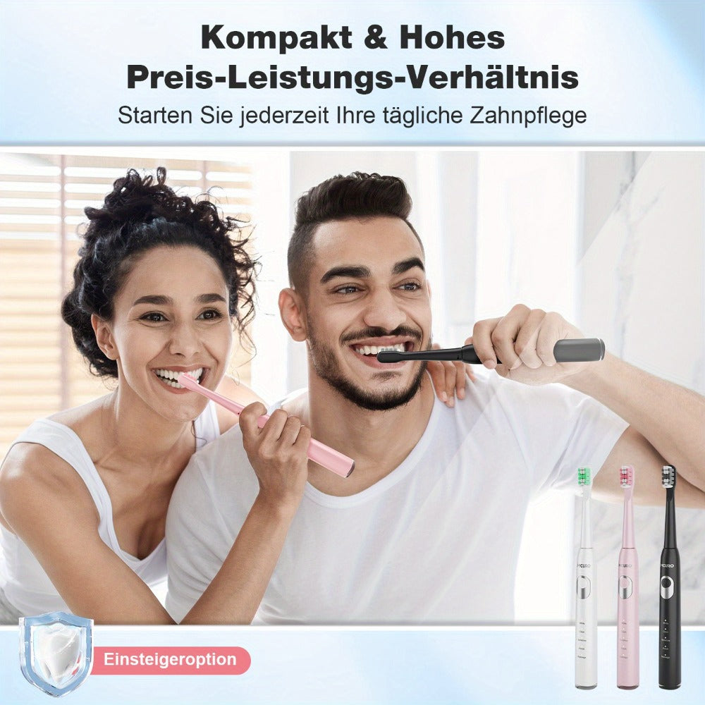 Spazzolino elettrico sonico per adulti con modalità intelligenti e ricaricabile USB, tecnologia a onde sonore adatta a denti e gengive sensibili, setole morbide, 6 testine, custodia da viaggio e supporto da parete, adatto per viaggi, regali di Natale