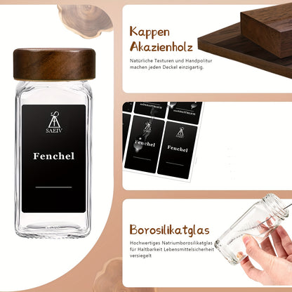 Confezione da 12/24/35 Barattoli Quadrati per Spezie da 120ml con Coperchi in Legno di Acacia | Contenitori in Vetro Borosilicato, Etichette Incorporate & Dispenser Shaker | Barattoli Premium per Erbe e Condimenti da Cucina