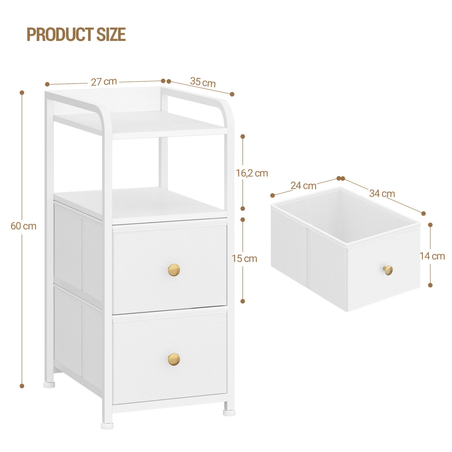 Comodino (set da 1 o 2), Organizzazione e stoccaggio per camera da letto, Tavolino laterale stretto con 2 cassetti in tessuto, Comodino stretto con scomparti aperti, Salvaspazio, Comodino per camera da letto o soggiorno, 35 X 27 X 60 cm, Bianco