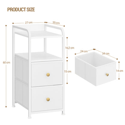 Comodino (set da 1 o 2), Organizzazione e stoccaggio per camera da letto, Tavolino laterale stretto con 2 cassetti in tessuto, Comodino stretto con scomparti aperti, Salvaspazio, Comodino per camera da letto o soggiorno, 35 X 27 X 60 cm, Bianco