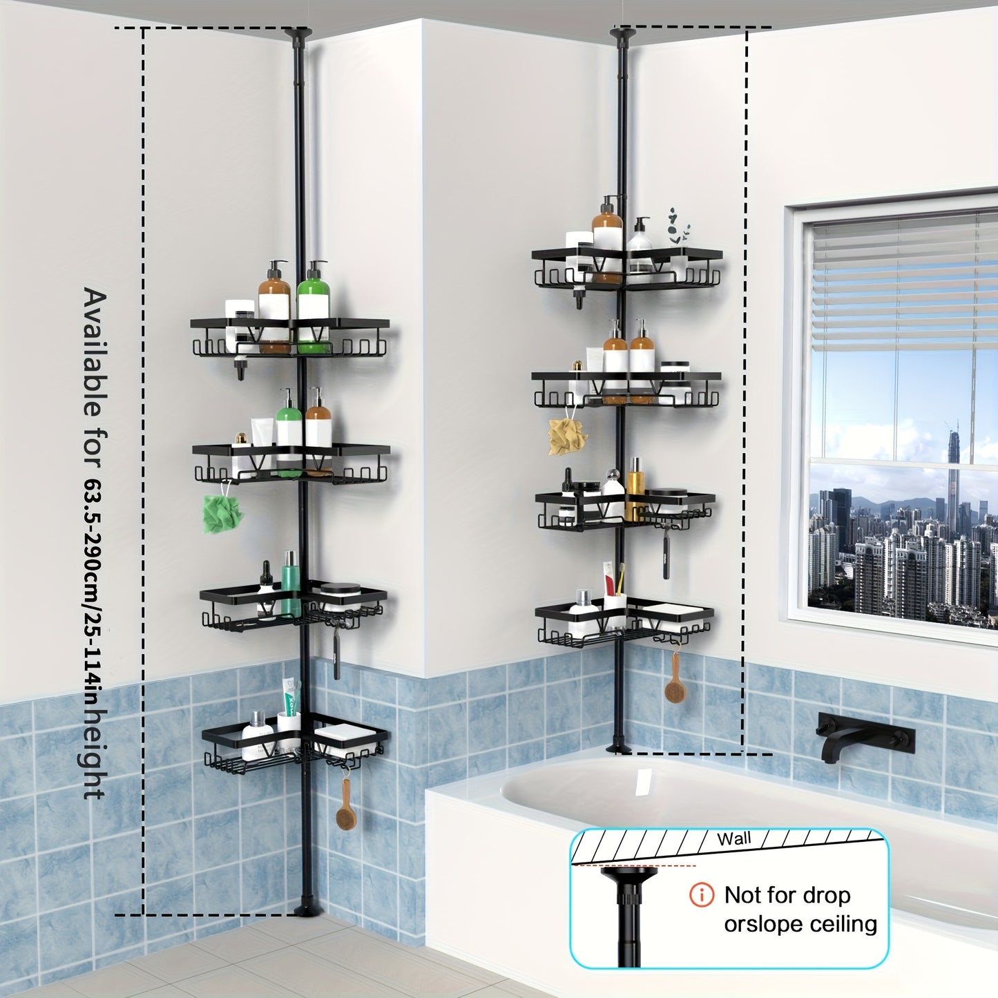 Un robusto e alto ripiano angolare per il bagno, un ripiano angolare regolabile per la doccia che non richiede foratura, dotato di un rack portaoggetti nero a 4 ripiani resistente alla ruggine, ideale per organizzare le aree angolari della doccia - Perfet