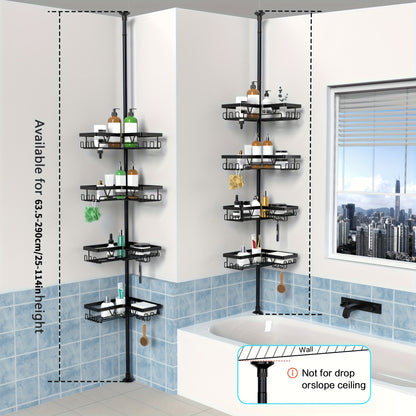 Un robusto e alto ripiano angolare per il bagno, un ripiano angolare regolabile per la doccia che non richiede foratura, dotato di un rack portaoggetti nero a 4 ripiani resistente alla ruggine, ideale per organizzare le aree angolari della doccia - Perfet