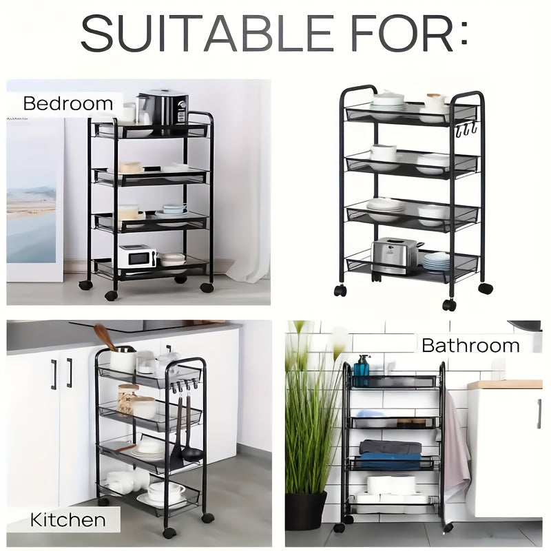 Scaffale Multifunzionale in Metallo a Tre/Quattro Livelli con Ruote, Scaffale Resistente Nero, Ideale per Garage e Cucina, Grande Capacità, Facile da Montare, Scaffale e Armadio per Cucina, Pratico e Funzionale, Perfetto per Cucina e Dispensa, Cestelli pe