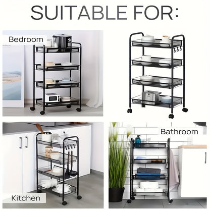 Scaffale Multifunzionale in Metallo a Tre/Quattro Livelli con Ruote, Scaffale Resistente Nero, Ideale per Garage e Cucina, Grande Capacità, Facile da Montare, Scaffale e Armadio per Cucina, Pratico e Funzionale, Perfetto per Cucina e Dispensa, Cestelli pe