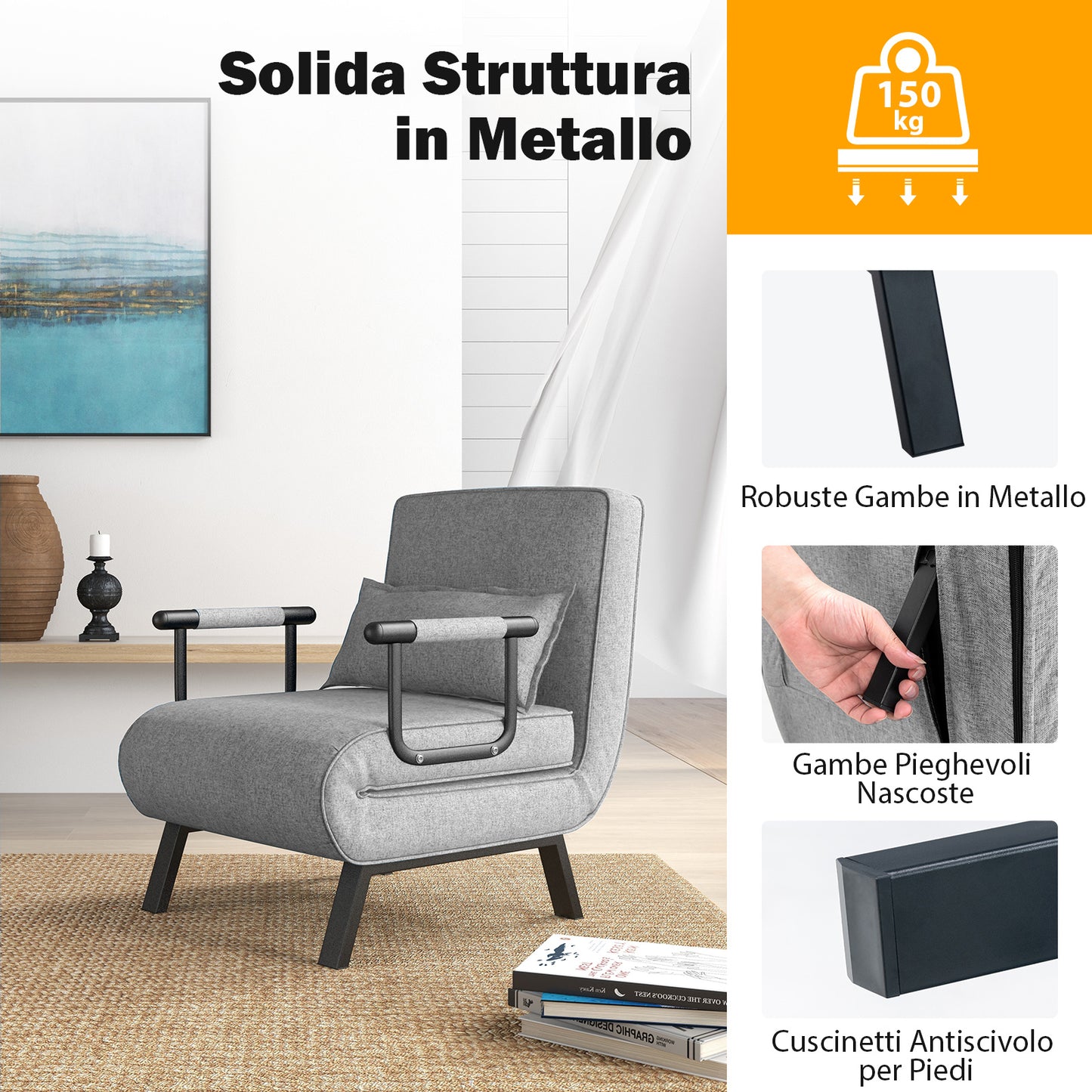 4 in 1 Poltrona Letto Singolo, Poltroncina Pieghevole con Schienale Regolabile in 6 Posizioni, Sedile Imbottito Robusto, Divano Letto per Casa Ufficio, 79x65x79 cm