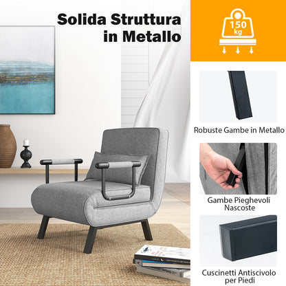 4 in 1 Poltrona Letto Singolo, Poltroncina Pieghevole con Schienale Regolabile in 6 Posizioni, Sedile Imbottito Robusto, Divano Letto per Casa Ufficio, 79x65x79 cm