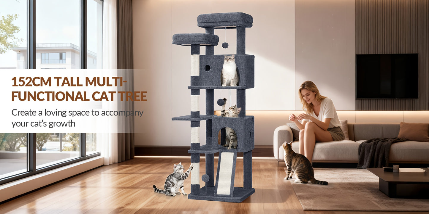 Grande Albero per Gatti, 152cm Tiragraffi, Robusto Albero per Gatti Grandi con Tiragraffi in Sisal, Tavola per Graffiare, 2 Comode Casetta per Gatti, 2 Piattaforme, Pompon, Area Riposo